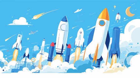 Rocket launch into space. Start up business concept. Vector illustration.のイラスト素材