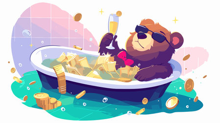 Monkey with a glass of champagne in a bath. Vector illustrationのイラスト素材