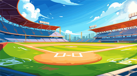 Baseball stadium with green field. Vector illustration in cartoon style.のイラスト素材