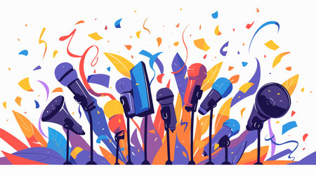 Microphones and confetti on white background. Flat vector illustration.のイラスト素材