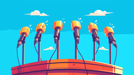 Microphones on stage. Vector illustration in flat cartoon style, isolated on blue background.のイラスト素材