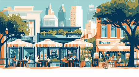 Cafe in the city. Street cafe with people and trees. Vector illustration.のイラスト素材