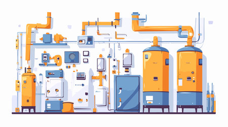 Modern boiler room interior with equipment for heating. Vector illustration in flat styleのイラスト素材