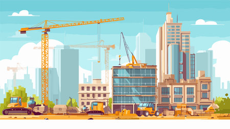 Construction site with cranes and buildings. Flat style vector illustration.のイラスト素材