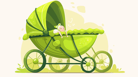 Vector illustration of a baby carriage with a baby in it. Cartoon style.のイラスト素材