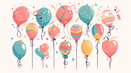 Vector illustration of a set of colorful balloons with ribbons and confetti.のイラスト素材