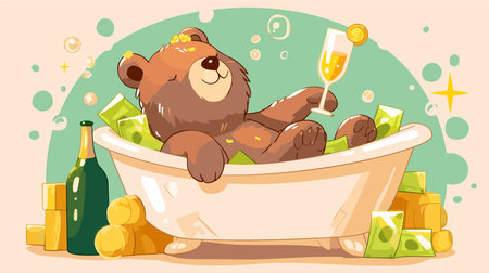 Illustration of a Teddy Bear Relaxing in a Bathtub with Champagneのイラスト素材