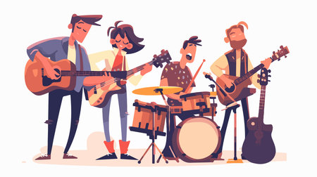 Musical band flat vector illustration. Musician playing musical instruments.のイラスト素材