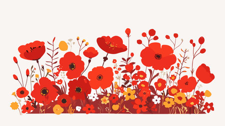 Vector floral background with red poppies and wildflowers.のイラスト素材