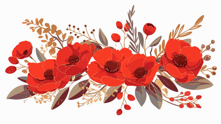Red poppies with branches, leaves and berries. Vector illustration.のイラスト素材