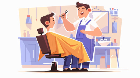 Barber and hairdresser working in hairdressing salon. Hairdresser making hairstyle for young man. Professional hairdresser cutting hair of client. Vector illustration in cartoonのイラスト素材