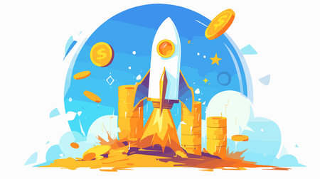 Startup concept. Flat vector cartoon illustration of rocket launch with coins.のイラスト素材