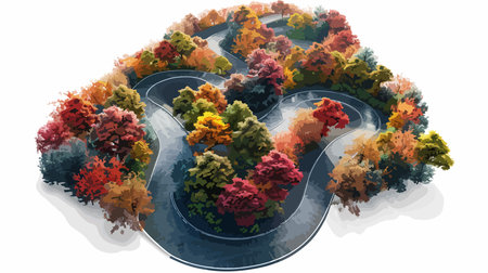 Autumn landscape with road and trees on white background. Vector illustration.のイラスト素材