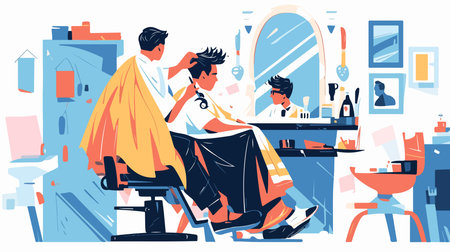 Hairdresser cutting hair of client in barber shop. Vector illustrationのイラスト素材