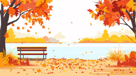 Autumn landscape with lake, trees and bench. Vector illustration.のイラスト素材