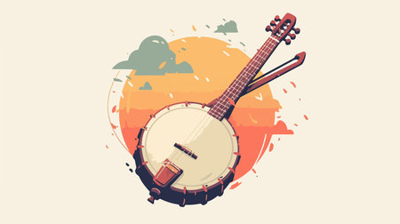 Vector illustration of banjo on sunset background. Musical instrument concept.のイラスト素材