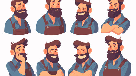 Set of bearded hipster men in different poses. Vector illustration in flat styleのイラスト素材