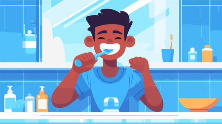African american man brushing teeth in bathroom flat vector illustration. Cartoon male character cleaning teeth with toothbrush. Oral hygiene conceptのイラスト素材