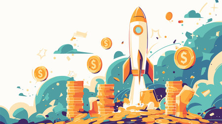 Startup business start up concept. Vector illustration of rocket, coins, money.のイラスト素材