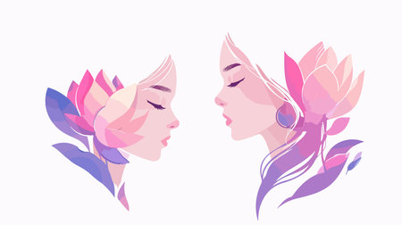 Vector illustration of two beautiful women with closed eyes and flowers in their hairのイラスト素材