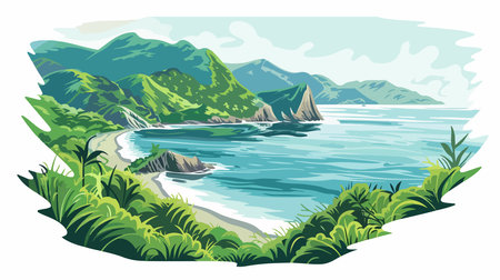 Seascape with sea and mountains. Vector illustration in cartoon styleのイラスト素材
