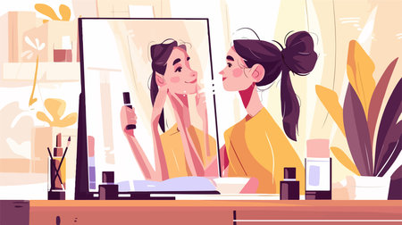 Young woman applying make up in front of mirror, flat vector illustration.のイラスト素材