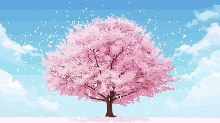 Cherry tree with falling snow. Spring season. Vector illustration.のイラスト素材
