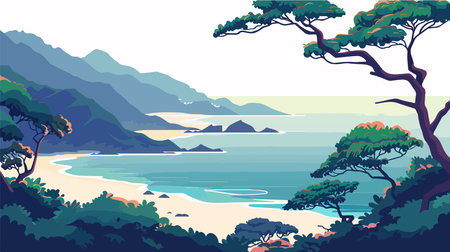 Seascape with mountains, sea and trees. Vector illustration.のイラスト素材