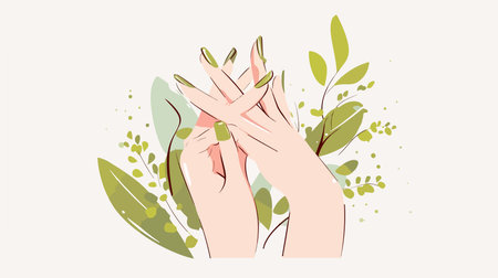 Vector illustration of woman's hands with manicure and green leaves.のイラスト素材