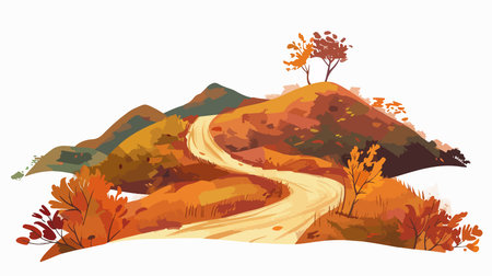 Autumn landscape with road and colorful trees on hills. Vector illustration.のイラスト素材
