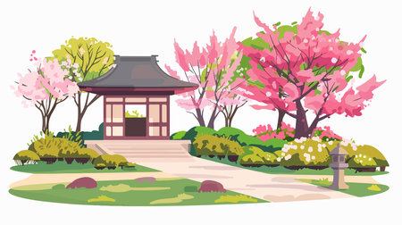Japanese garden with blooming sakura. Vector illustration in flat styleのイラスト素材