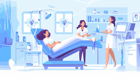 Nurse and Patient in Hospital Room. Vector Illustration in Cartoon Styleのイラスト素材