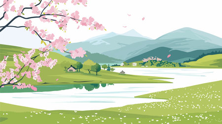 Cherry blossom spring landscape with lake and mountains. Vector illustration.のイラスト素材