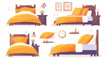 Set of cozy bedroom vector illustration. Bed, pillows, bedside table, lamp and other objects.のイラスト素材