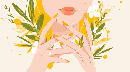 Vector illustration of a woman with beautiful manicured nails and flowers.のイラスト素材