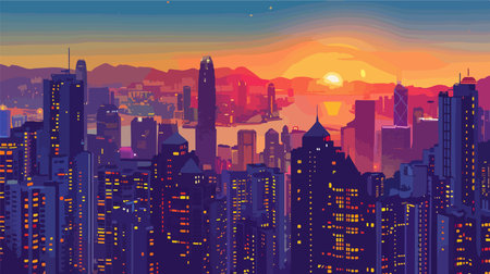 Cityscape with skyscrapers at sunset. Vector illustration in flat styleのイラスト素材