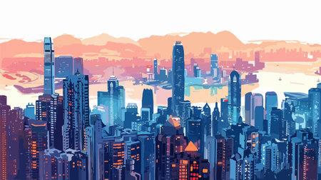 Cityscape with skyscrapers. Vector illustration in flat style.のイラスト素材