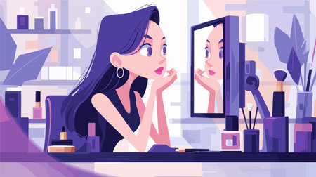 Young woman applying make up in front of a mirror, vector illustrationのイラスト素材