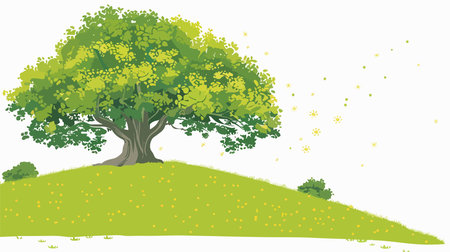 Tree on a hill with grass and dandelions, vector illustrationのイラスト素材