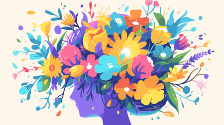 Colorful flowers in the head of a girl. Floral background.のイラスト素材
