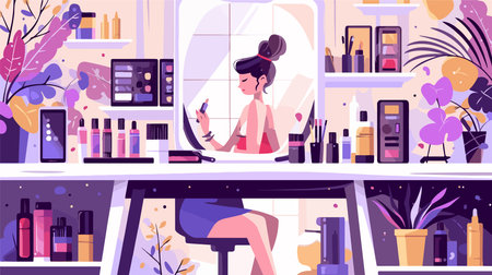 Beauty salon flat color vector faceless characters. Woman doing makeup at home. Cosmetics, make up products in room interior. Cosmetics and skincare routine illustrationのイラスト素材