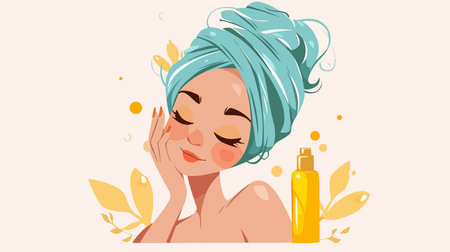 Vector illustration of a young woman with a turban on her head applying cream on her faceのイラスト素材