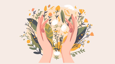 Vector illustration of woman hands with flowers and plants. Flat style.のイラスト素材