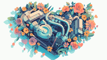 Vector illustration of a heart made of flowers, plants and car.のイラスト素材