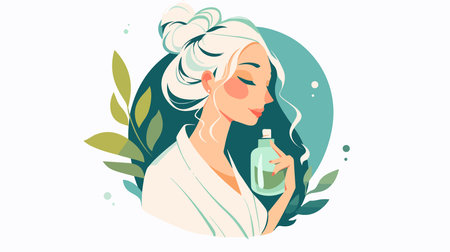 Beautiful woman in bathrobe with bottle of perfume. Vector illustration.のイラスト素材
