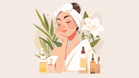 Beautiful young woman with a towel on her head holding a bottle of essential oil. Vector illustrationのイラスト素材