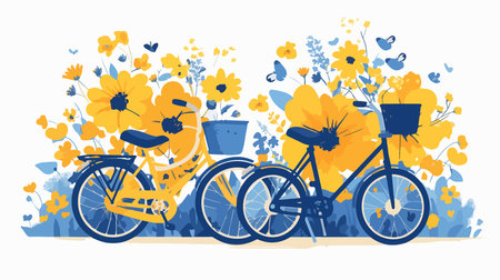 Bicycles with flowers. Vector illustration in flat cartoon style.のイラスト素材