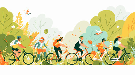People cycling in the park, vector illustration. Flat style design.のイラスト素材