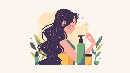 Young woman applying lotion on her face. Vector illustration in flat styleのイラスト素材
