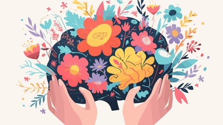 Flowers in the hands of a woman. Floral background. Vector illustration.のイラスト素材